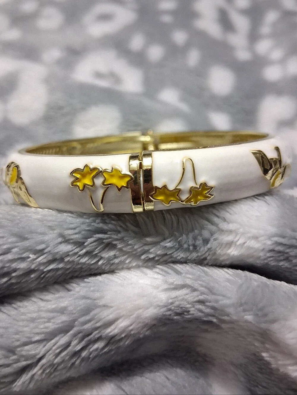 White and Yellow Enamel Elephant Accent Gold Bracelet